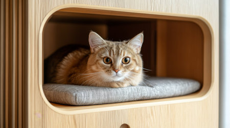 Detailed shot of a wooden cat house with a stylish design, featuring a cushioned interior and a small entrance, perfect for a cat's relaxation.の素材