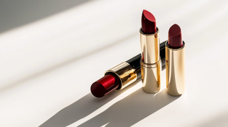 Detailed view of a high-end lipstick and matching lip gloss, positioned on a clean white backdrop, highlighting their glossy finishes and elegant design.の素材