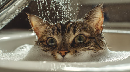 Detailed shot of a cat being gently bathed in a sink, with bubbles and water droplets visible on its fur, highlighting the cat's curious and relaxed demeanor.の素材