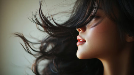 Detailed shot of a woman with beautifully layered hair, showcasing the movement and texture of her hairstyle in a soft, blurred background.の素材
