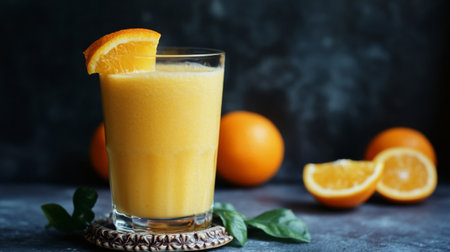 Detailed view of a chilled orange smoothie in a decorative glass, with the focus on the smooth texture and vibrant color, set against a minimalist background.の素材