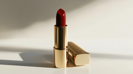 Detailed view of a high-end lipstick and matching lip gloss, positioned on a clean white backdrop, highlighting their glossy finishes and elegant design.の素材