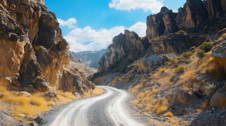 Detailed view of a remote mountain road with rugged terrain and sharp turns, framed by towering rock formations and clear blue skiesの素材