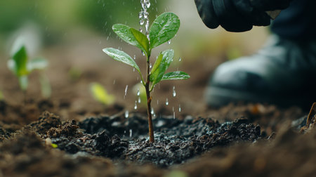 Detailed view of a person watering a newly planted tree, with droplets of water visible and a focus on the young plant growth and development.の素材