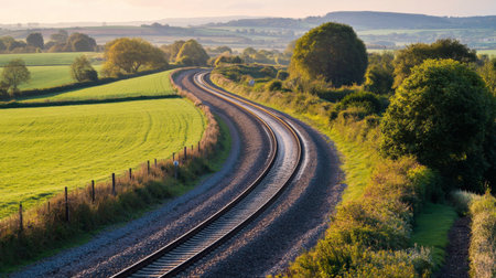 Detailed view of a railway track curving through a scenic countryside, with emphasis on the tracks, surrounding fields, and distant hills.の素材