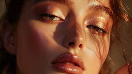 Detailed view of a woman with elegant makeup, including contouring and highlighting, with soft, natural light enhancing her beauty and makeup artistry.の素材