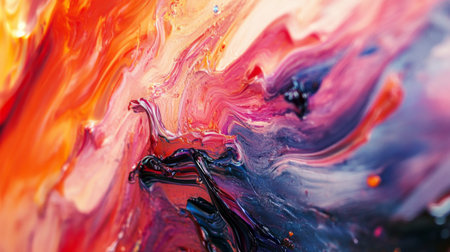 Detailed view of an abstract background with a mix of vibrant colors and fluid brushstrokes, capturing an artistic and dynamic visual movement.の素材