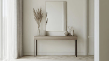 Detailed view of a minimalistic entryway with a sleek console table, simple decor, and a calm, neutral color scheme, emphasizing the home's clean design.の素材