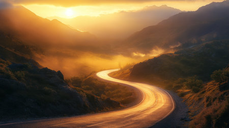 High-definition image of a mountain road at sunrise, with the early light casting a warm glow over the winding path and surrounding misty mountainsの素材