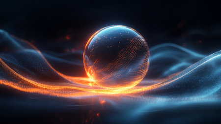 Electric waves merging into a glowing orb, representing sustainable energy, innovation, and the convergence of technology and nature.の素材