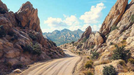 Detailed view of a remote mountain road with rugged terrain and sharp turns, framed by towering rock formations and clear blue skiesの素材