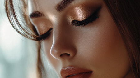 Detailed view of a woman with elegant makeup, including contouring and highlighting, with soft, natural light enhancing her beauty and makeup artistry.の素材
