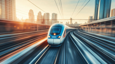High-definition shot of a high-speed train on elevated tracks, emphasizing its sleek profile and the impressive infrastructure supporting its rapid transit.の素材