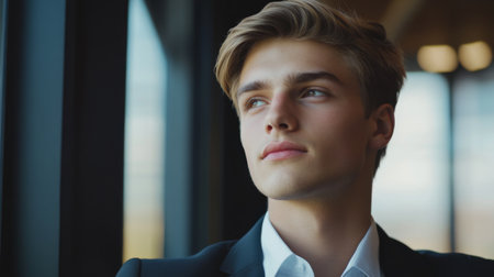 High-definition shot of a young businessman in a stylish office, looking out of a window with a thoughtful expression, showcasing contemplation and leadership.の素材