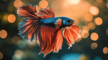 High-resolution close-up of a Betta fish with a dramatic display of its flowing fins and vivid colors, in a serene aquarium setting with natural light.の素材