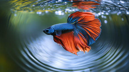 High-definition shot of a Betta fish showcasing its unique fin patterns and vibrant colors, with gentle ripples in the water adding to the serene atmosphere.の素材