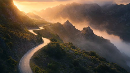 High-definition image of a mountain road at sunrise, with the early light casting a warm glow over the winding path and surrounding misty mountainsの素材