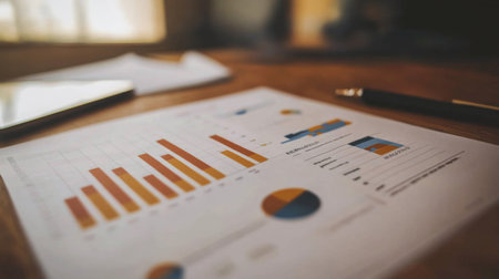 High-resolution close-up of a financial report with graphs and charts, showcasing detailed analysis and data visualization on a modern desk.の素材