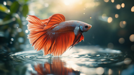 High-definition shot of a Betta fish showcasing its unique fin patterns and vibrant colors, with gentle ripples in the water adding to the serene atmosphere.の素材