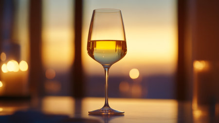 High-definition shot of a single wine glass with a rich, golden white wine, elegantly set on a table with soft, ambient lighting in the background.の素材