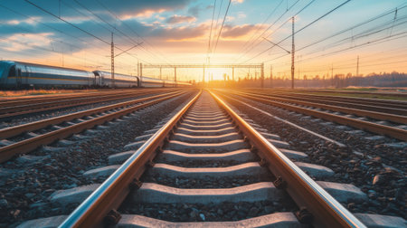 High-definition shot of a railway track with a train approaching in the distance, capturing the movement and the structure of the tracks.の素材