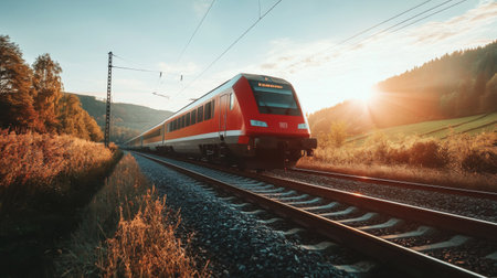 High-definition shot of an electric train passing through a scenic countryside, highlighting the contrast between the train and the natural landscape.の素材