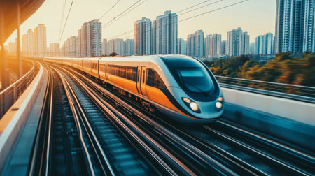 High-definition shot of a high-speed train on elevated tracks, emphasizing its sleek profile and the impressive infrastructure supporting its rapid transit.の素材