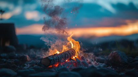 Detailed view of smoke emerging from a campfire, with the gentle wisps of smoke blending with the evening sky and surrounding nature.の素材