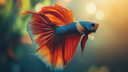High-resolution close-up of a Betta fish with a dramatic display of its flowing fins and vivid colors, in a serene aquarium setting with natural light.の素材
