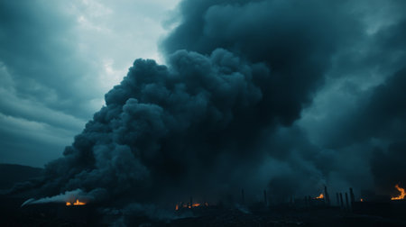 High-definition shot of dark, billowing smoke from an industrial fire, with an emphasis on the scale and intensity of the smoke cloud.の素材