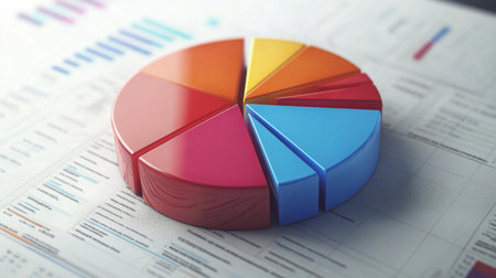 High-definition image of a 3D pie chart in a corporate setting, with clear, labeled segments and a professional, clean design to convey business data effectivelyの素材
