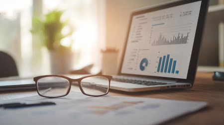 High-resolution close-up of a financial report with graphs and charts, showcasing detailed analysis and data visualization on a modern desk.の素材