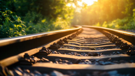 High-resolution close-up of railway tracks with sunlight glinting off the metal rails, set against a background of lush green vegetation.の素材