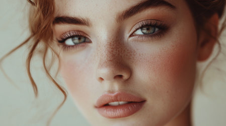 High-resolution close-up of a woman with beautifully done makeup, including elegant eye makeup and a soft, natural lip color, capturing her graceful style.の素材