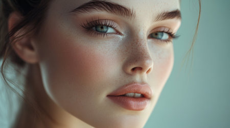 High-resolution close-up of a woman with beautifully done makeup, including elegant eye makeup and a soft, natural lip color, capturing her graceful style.の素材