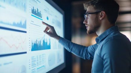 High-resolution close-up of a young businessman giving a presentation with a projector screen displaying graphs and data, emphasizing his engaging delivery.の素材