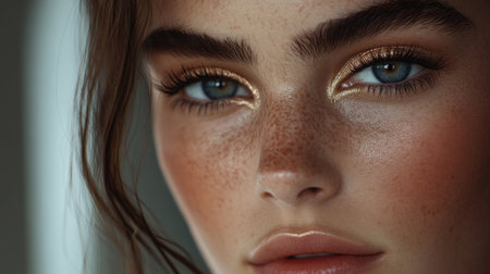 High-resolution close-up of a woman with beautifully done makeup, including elegant eye makeup and a soft, natural lip color, capturing her graceful style.の素材