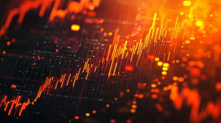 High-resolution close-up of a digital financial graph with candlestick patterns, emphasizing the volatility and performance of market assets.の素材