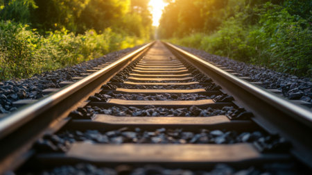 High-resolution close-up of railway tracks with sunlight glinting off the metal rails, set against a background of lush green vegetation.の素材