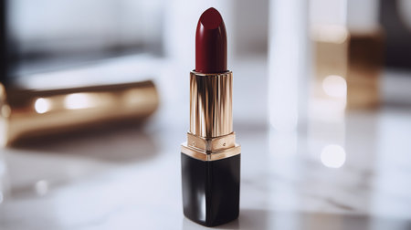 High-resolution close-up of a luxurious lipstick with a glossy finish and a chic case, positioned on a white surface to highlight its elegance.の素材