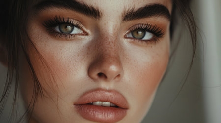 High-resolution close-up of a woman with beautifully done makeup, including elegant eye makeup and a soft, natural lip color, capturing her graceful style.の素材
