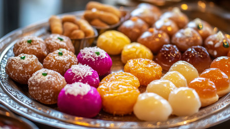 High-resolution image of traditional Indian sweets, such as gulab jamun and jalebi, arranged on a plate with detailed focus on their textures and colors.の素材