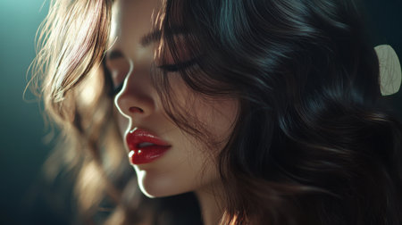 High-resolution image of a woman with voluminous hair styled in glamorous, soft waves, highlighting the shine and bounce of her hair in natural light.の素材