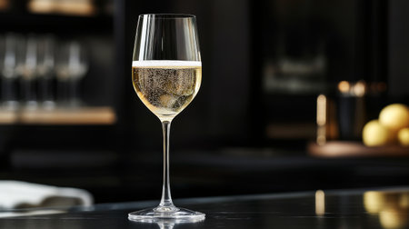 High-resolution view of a beautifully designed wine glass with a delicate stem, showcasing a refreshing glass of sparkling wine in a sophisticated settingの素材
