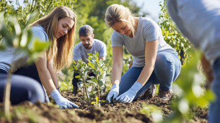 High-resolution image of a group of volunteers planting trees in a community project, showing teamwork and the planting process in a natural setting.の素材