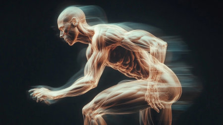 High-resolution shot of a human body in motion, focusing on the dynamic movement of muscles and joints, illustrating physical activity and fitness.の素材