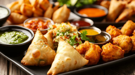 High-resolution image of a plate of assorted Indian appetizers, including samosas, pakoras, and chutneys, with detailed focus on their textures and colors.の素材