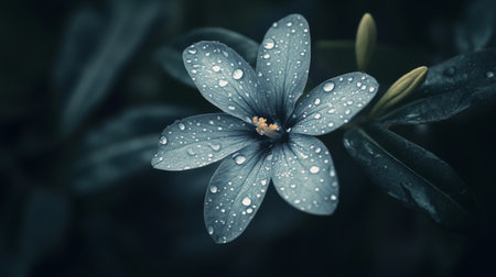 High-resolution view of a flower with dew drops on its petals, featuring a soft focus on the droplets to emphasize their sparkling and fresh appearance.の素材