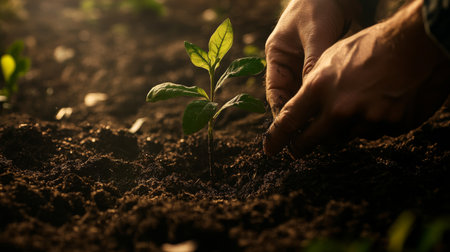 High-resolution image of a gardener planting a sapling in a garden bed, showing detailed soil preparation and the young tree's placement.の素材