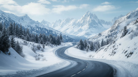 Scenic shot of a mountain road meandering through a snowy landscape, with pristine white snow covering the surrounding peaks and evergreen trees.の素材